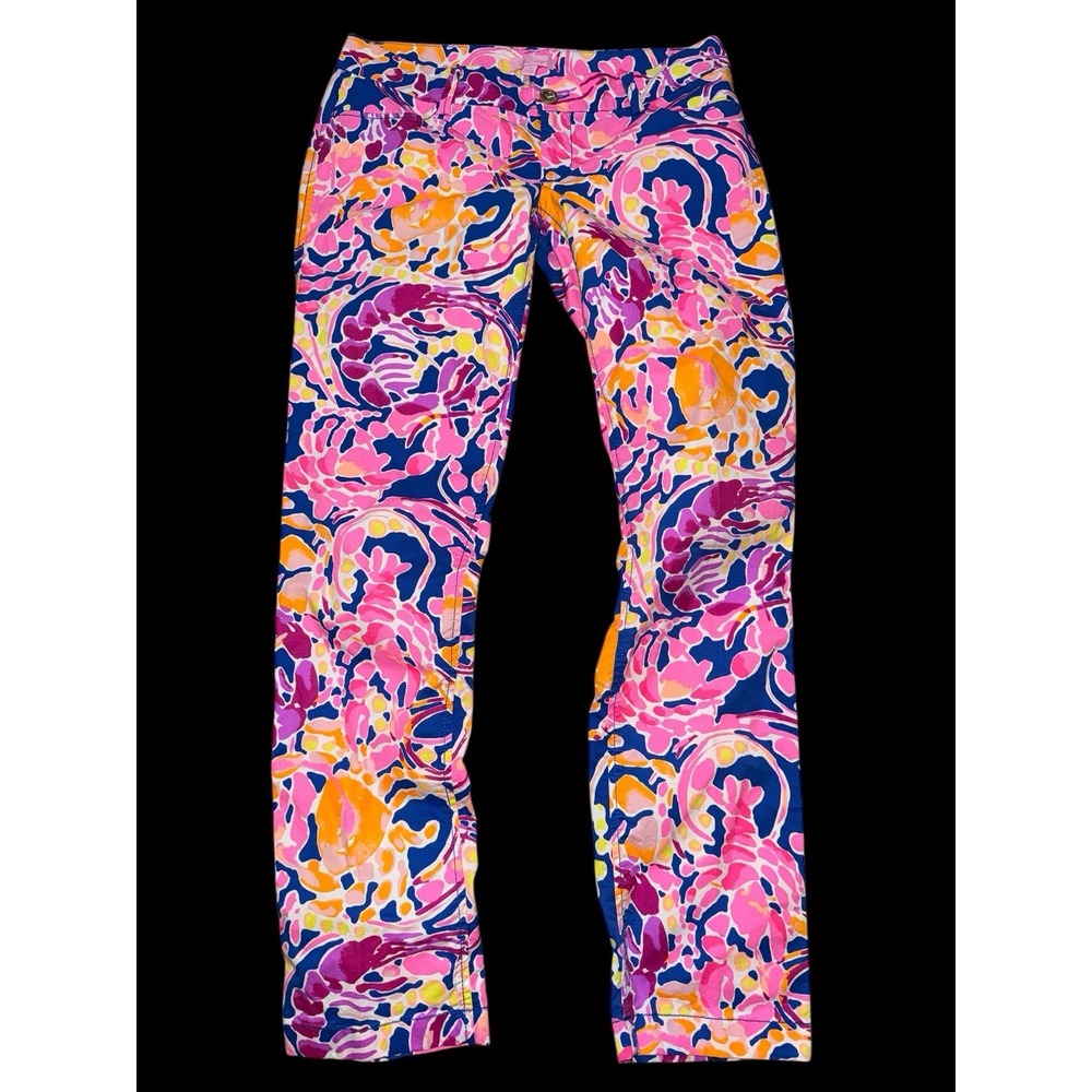 Lilly Pulitzer Pants Womens 6‎ Pink Blue Floral Lobster Print Slim Resortwear